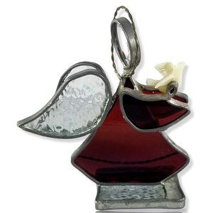 Red-Stained Glass Suncatcher Angel Holding a Dove on Ice Glass & Polish Chrome